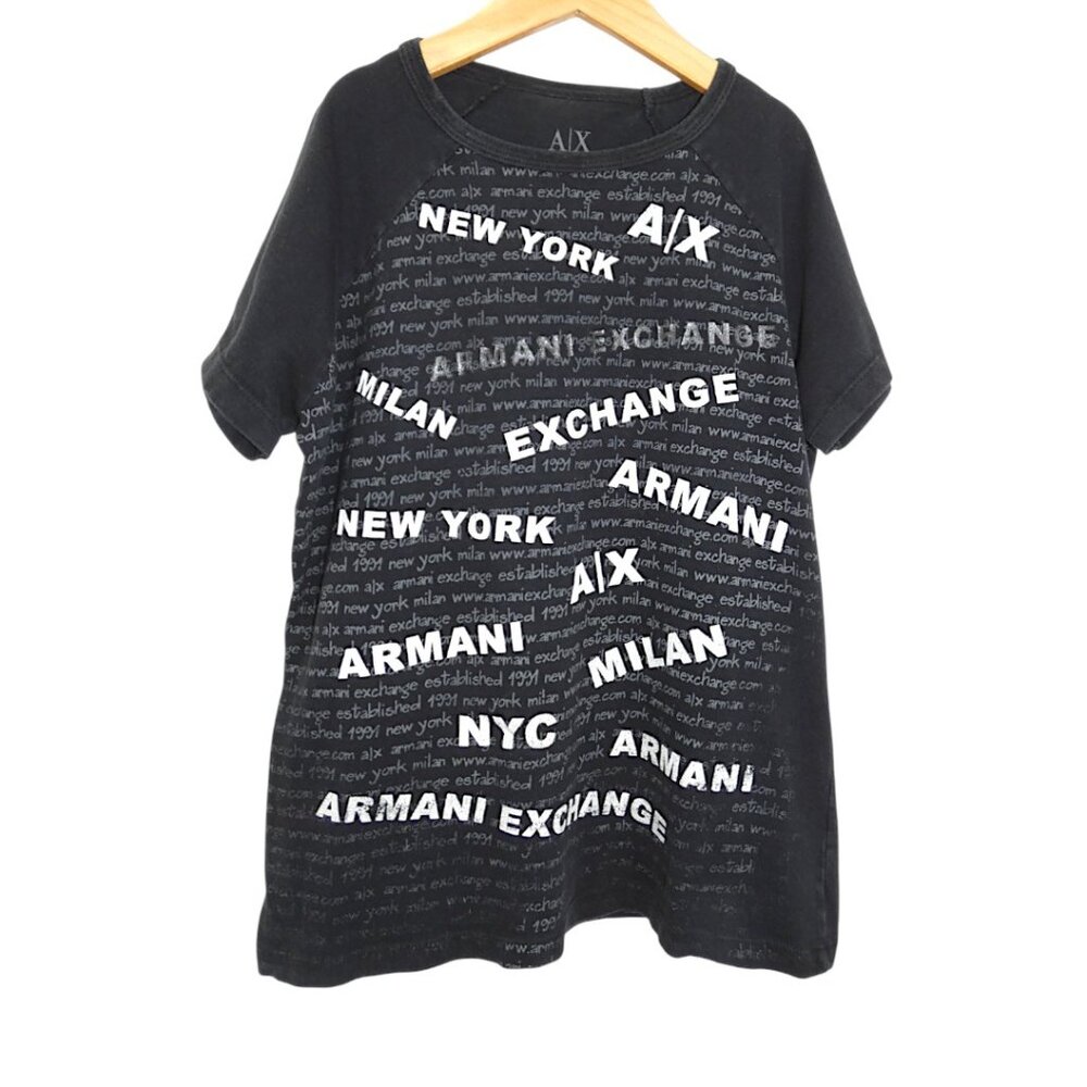 Armani Exchange Youth L Black T-Shirt NYC Milan Logo Print Distressed Graphic